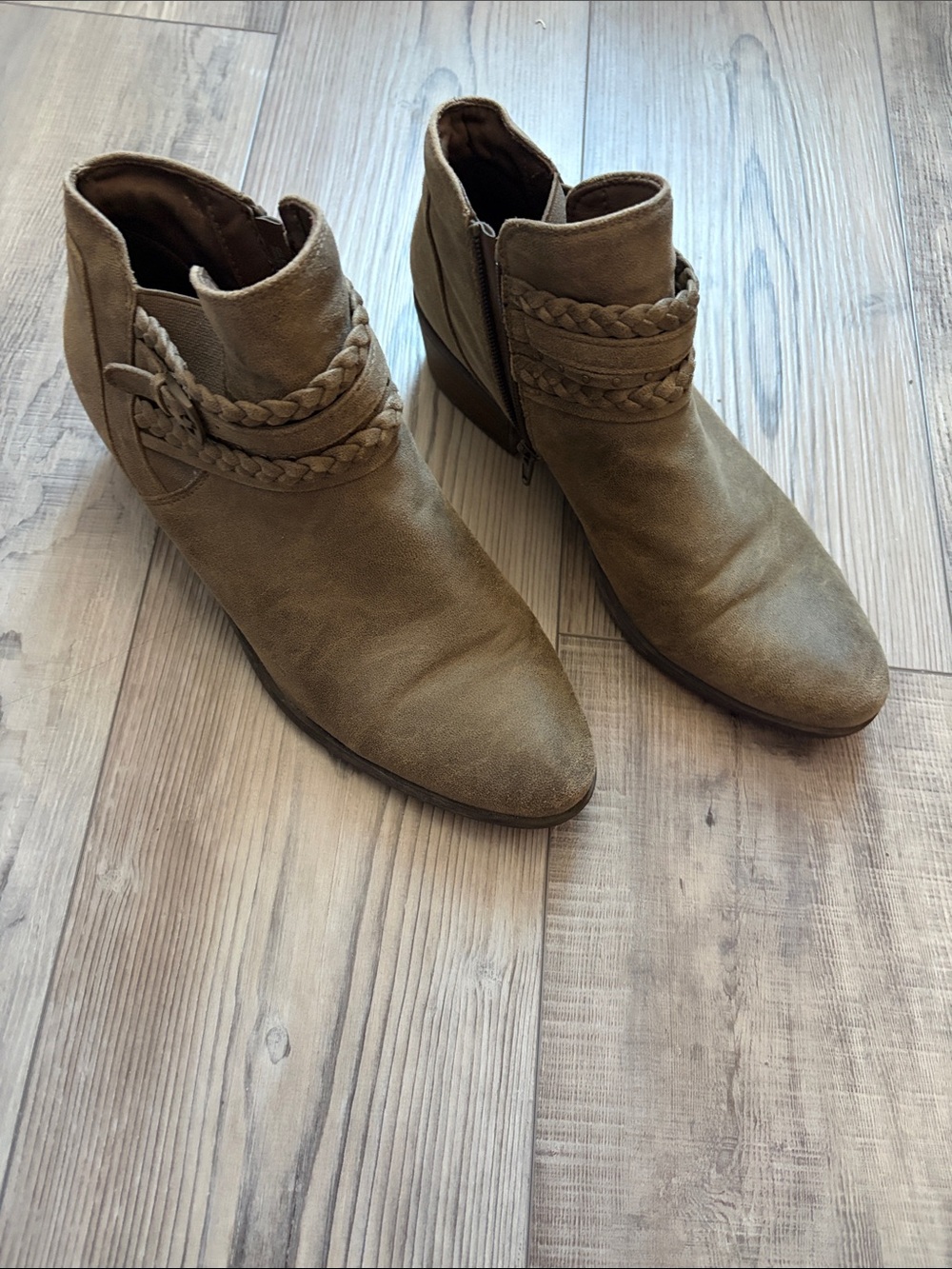 BareTraps Taupe Braided Suede Ankle Boots